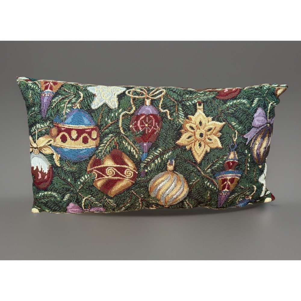 VTG 90s Christmas Holiday Tapestry‎ Green Gold  Throw Pillow Ornaments Tree